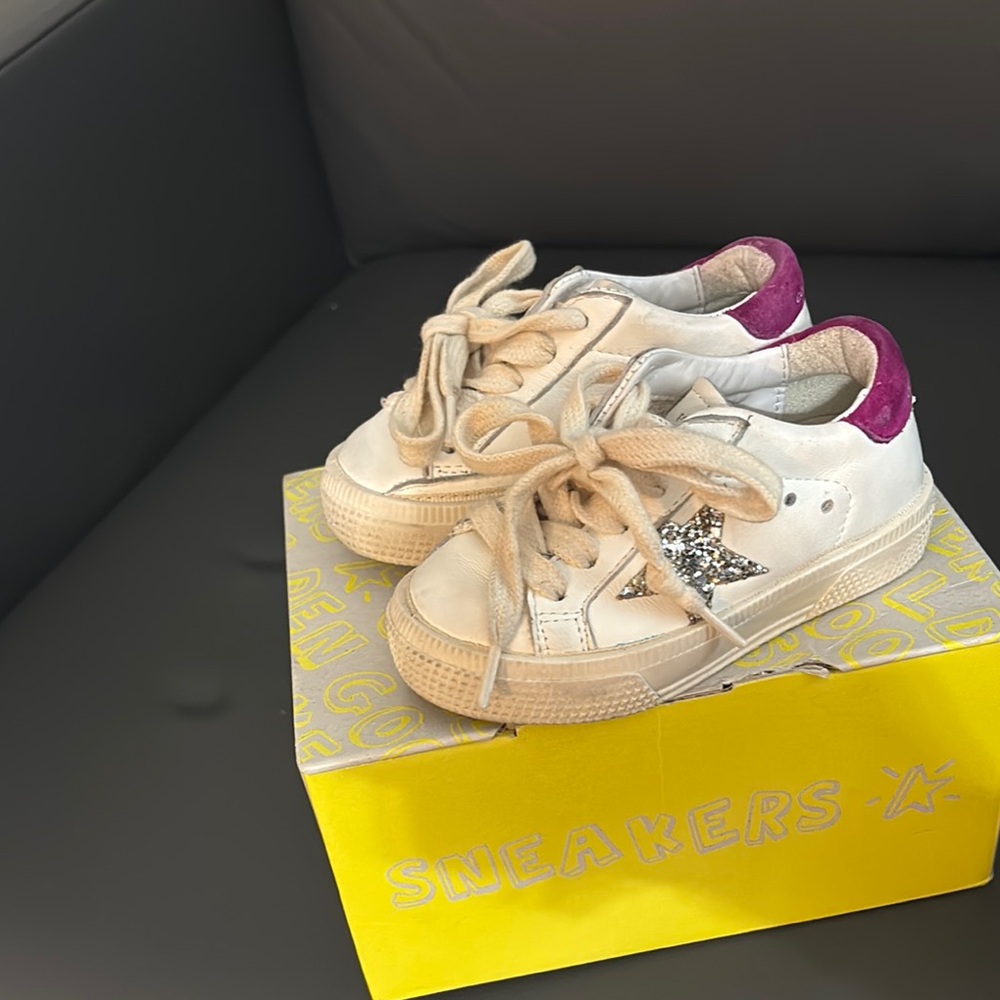 Golden Goose White and Purple Distressed Sneakers